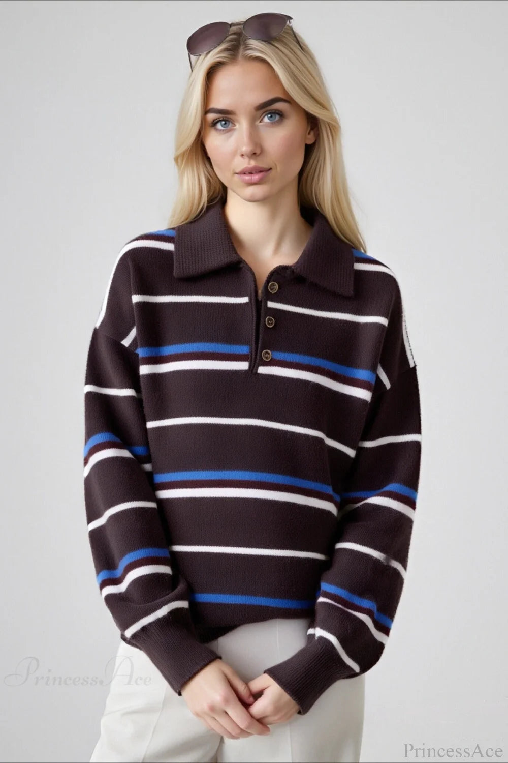 Colorblock Stripe Collar Patchwork Loose Knit Sweater