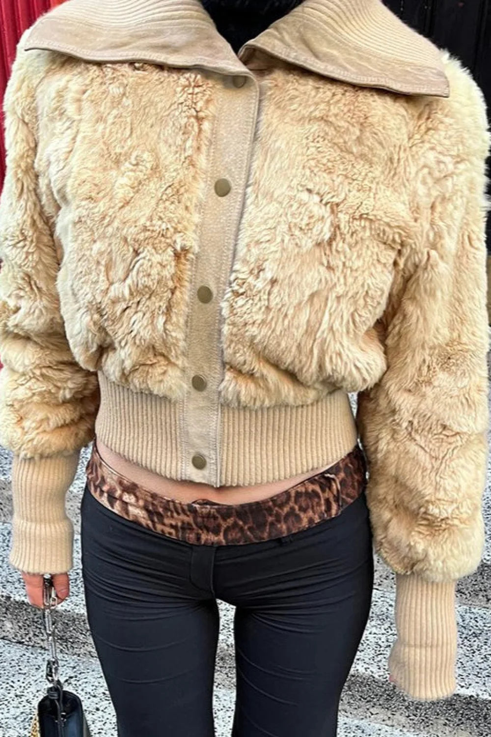 Cropped Fuzzy Wide Lapel Single Breasted Waist-cinched Coat
