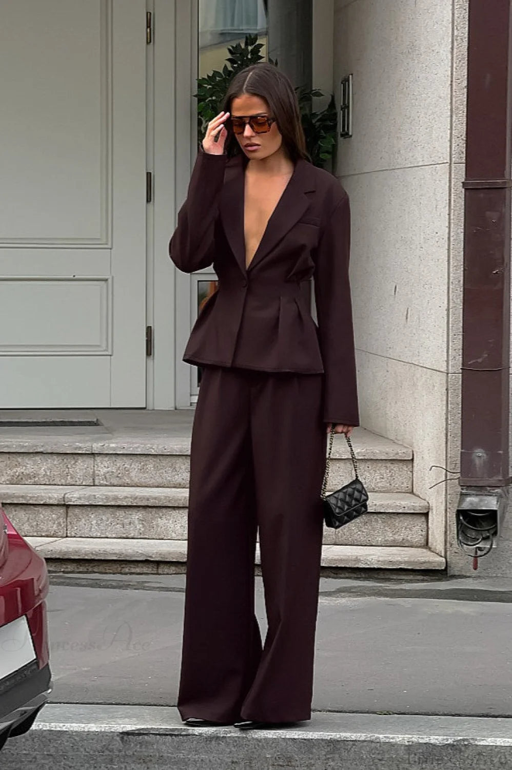 Deep V-neck Fitted Waist Blazer Long Sleeve Two Piece Set