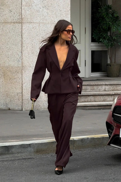Deep V-neck Fitted Waist Blazer Long Sleeve Two Piece Set