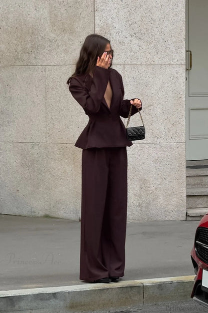 Deep V-neck Fitted Waist Blazer Long Sleeve Two Piece Set
