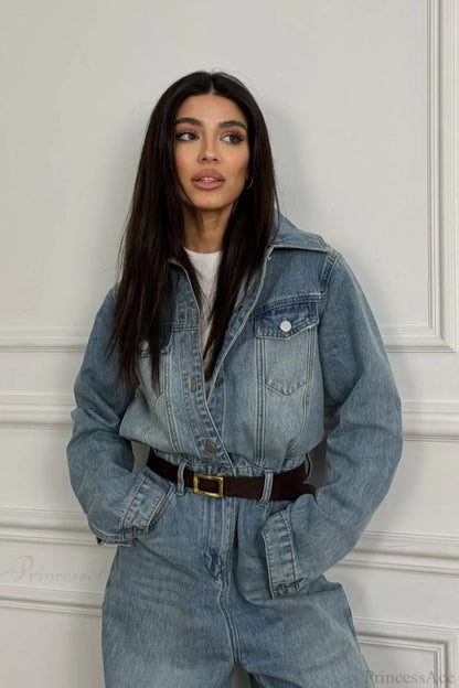 Denim Loose Long Pants Jumpsuit-style Two Piece Set