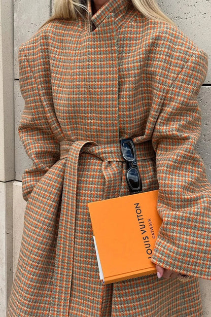 Warm Houndstooth Wool Blend Tie-waist Overcoat