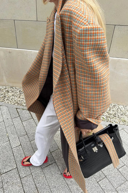 Warm Houndstooth Wool Blend Tie-waist Overcoat