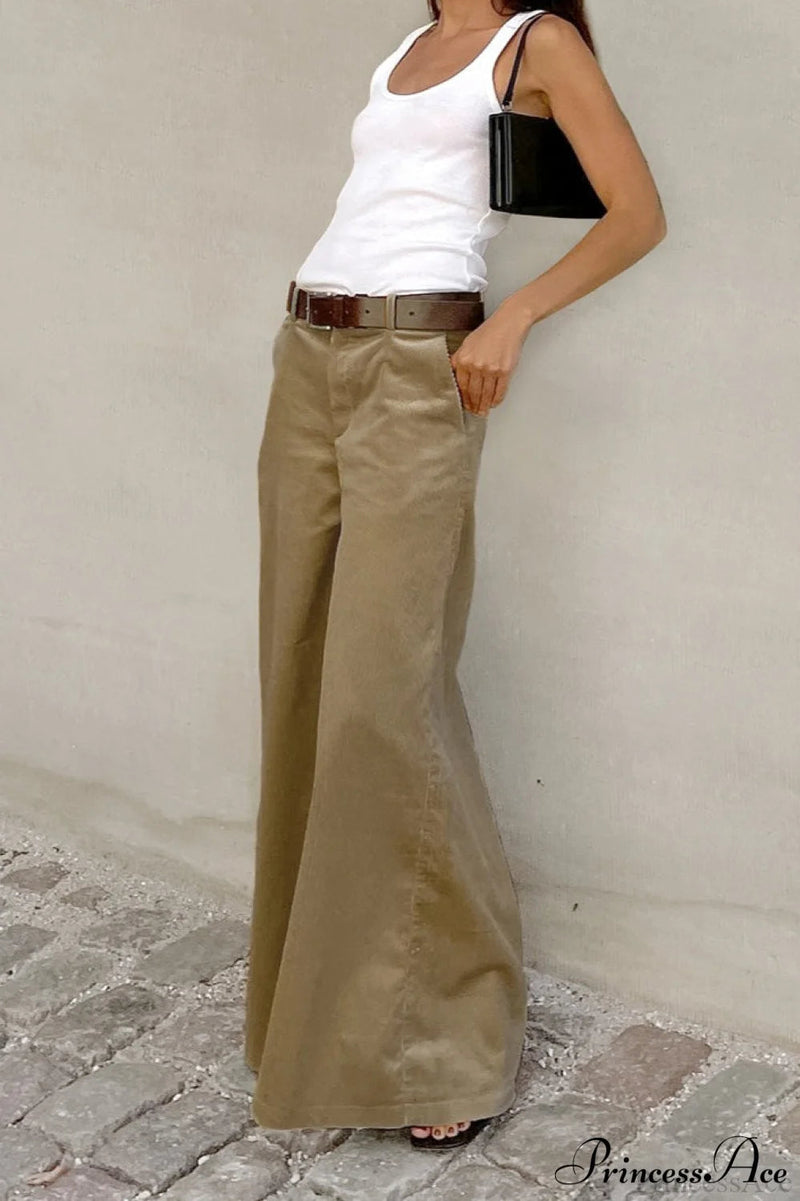 Khaki Corduroy Wide Leg Flared Pants