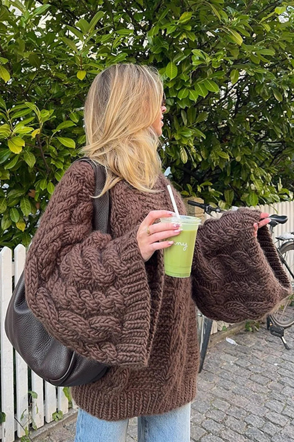 Loose Comfortable Crew Neck Wide Sleeve Cable Sweater