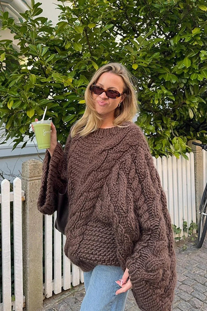 Loose Comfortable Crew Neck Wide Sleeve Cable Sweater