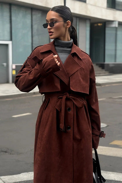 Maillard Notched Collar Suede Tie-waist Overcoat