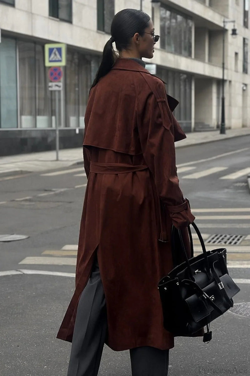 Maillard Notched Collar Suede Tie-waist Overcoat