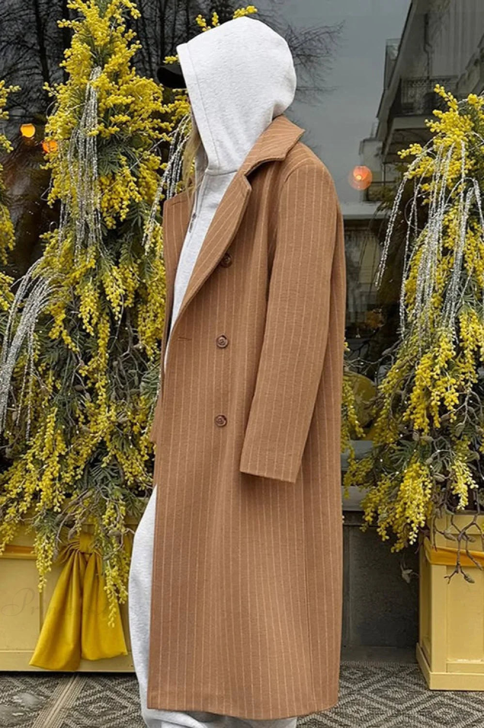 Pinstripe Notched Collar Wool Blend Overcoat