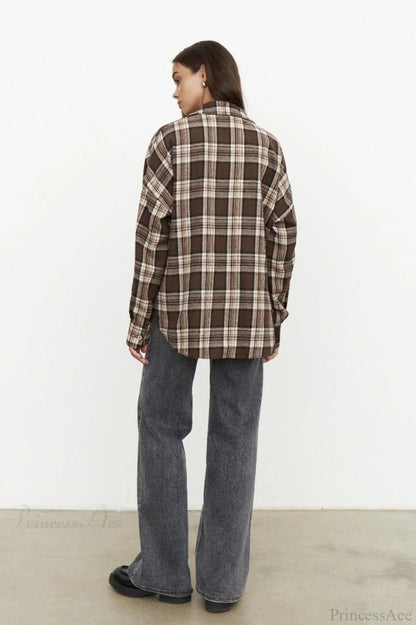 Plaid Pocket Long Sleeve Collared Blouse