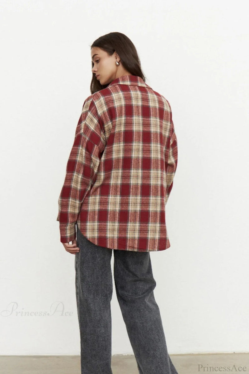 Plaid Pocket Long Sleeve Collared Blouse