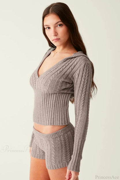 Knit Hooded Long Sleeve Cropped Two Piece Set