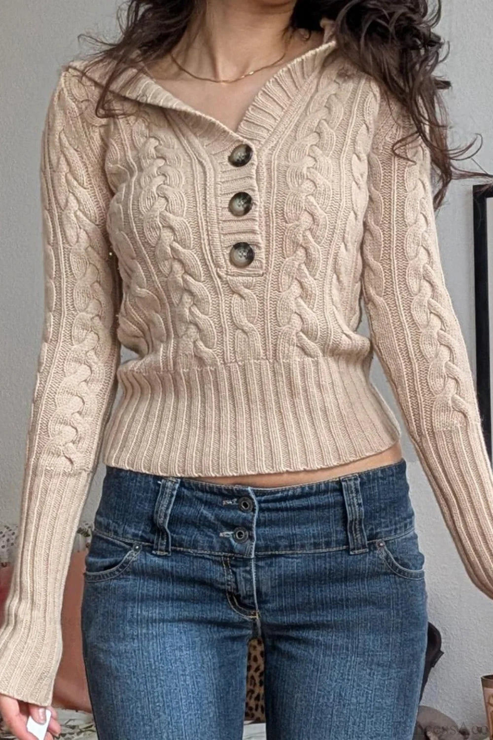 Hooded Cropped Waist Button Long Sleeve Sweater