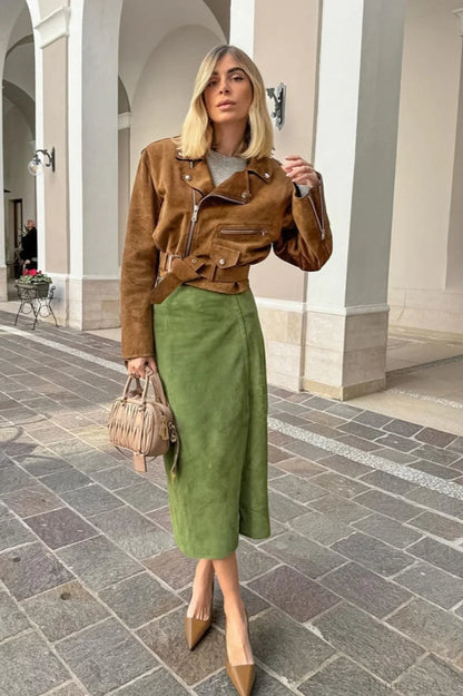 Suede High Waist Midi Pencil Skirt