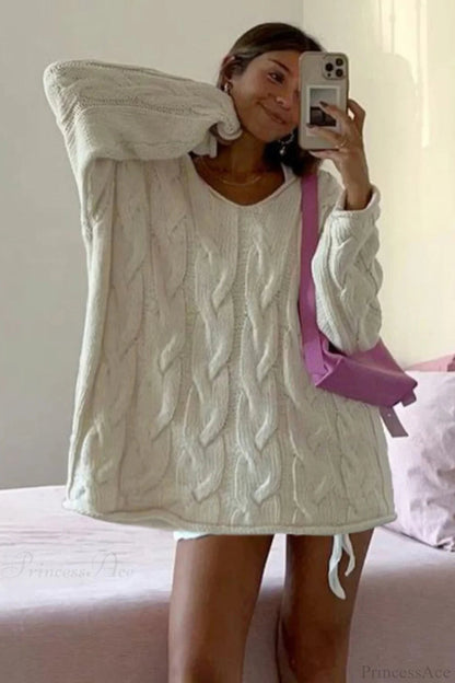 V-neck Loose Mid-length Cable Knit Long Sleeve Sweater