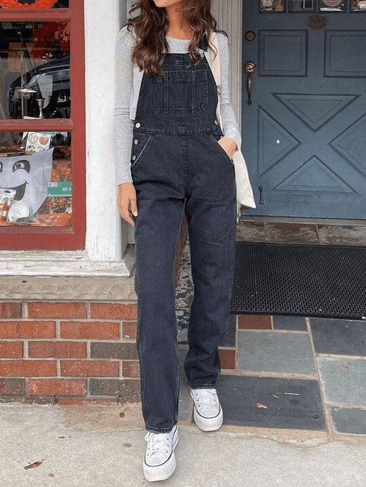 Black Washed Straight Leg Denim Overall