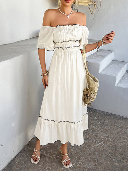 Aubrianna Ruched Contrast Trim Maxi Dress - White