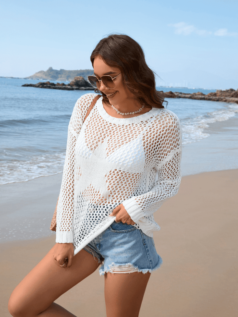 Vacation Star Cover-up Crochet Knit Sweater - White