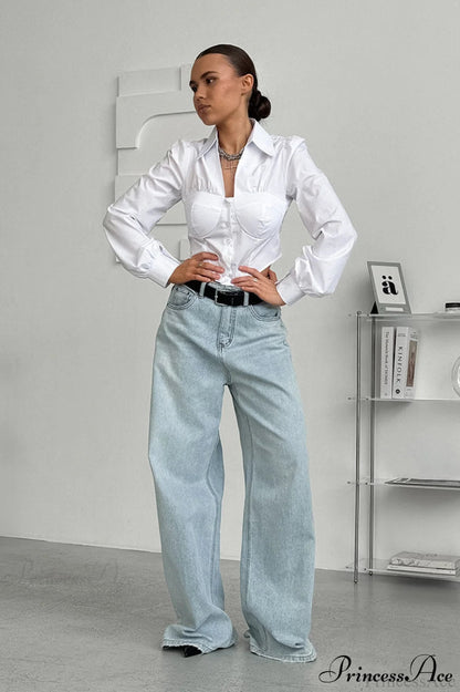 White Cotton Collared Puff Sleeve Blouse