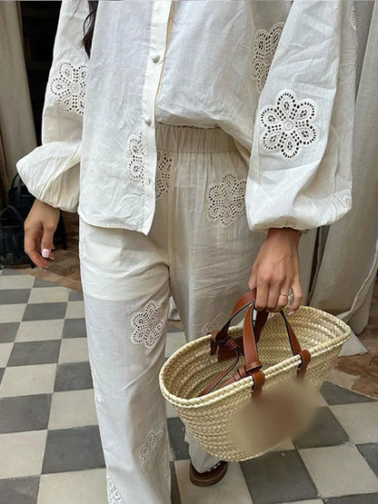 White Flower Print Hollow Out Pants 2 Piece Sets | Long Sleeve Lapel Button Shirt Suits | Loose