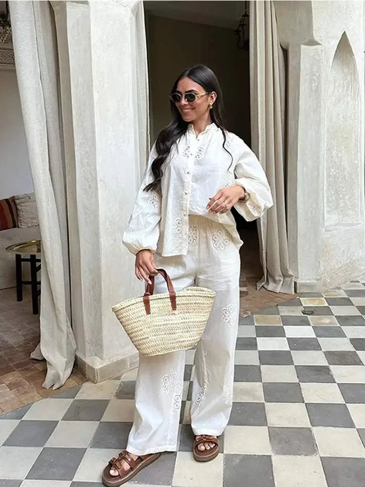 White Flower Print Hollow Out Pants 2 Piece Sets | Long Sleeve Lapel Button Shirt Suits | Loose