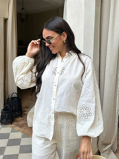 White Flower Print Hollow Out Pants 2 Piece Sets | Long Sleeve Lapel Button Shirt Suits | Loose