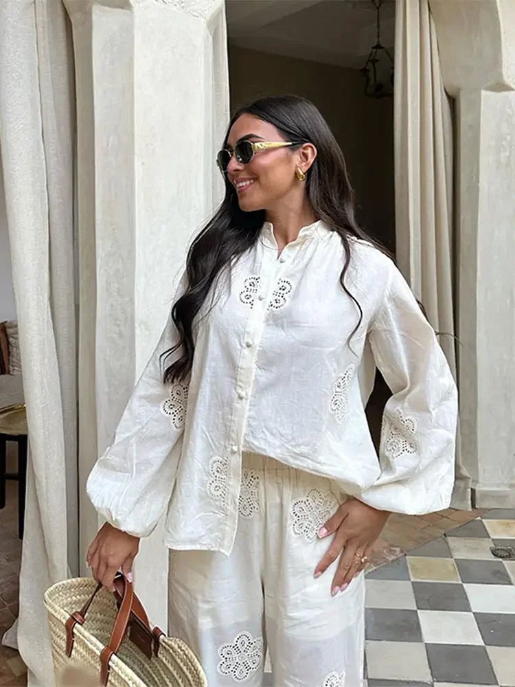 White Flower Print Hollow Out Pants 2 Piece Sets | Long Sleeve Lapel Button Shirt Suits | Loose