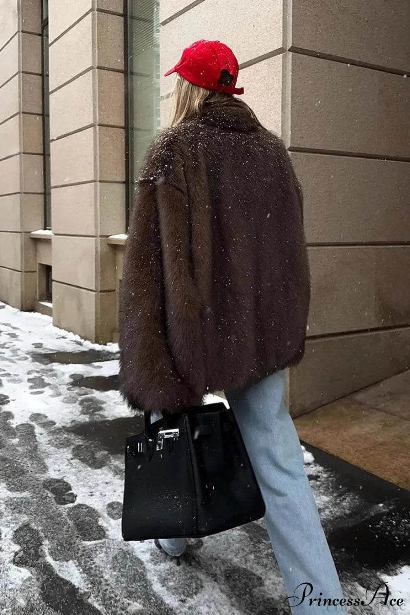White Tip-dyed Faux Fox Fur Mid-length Coat