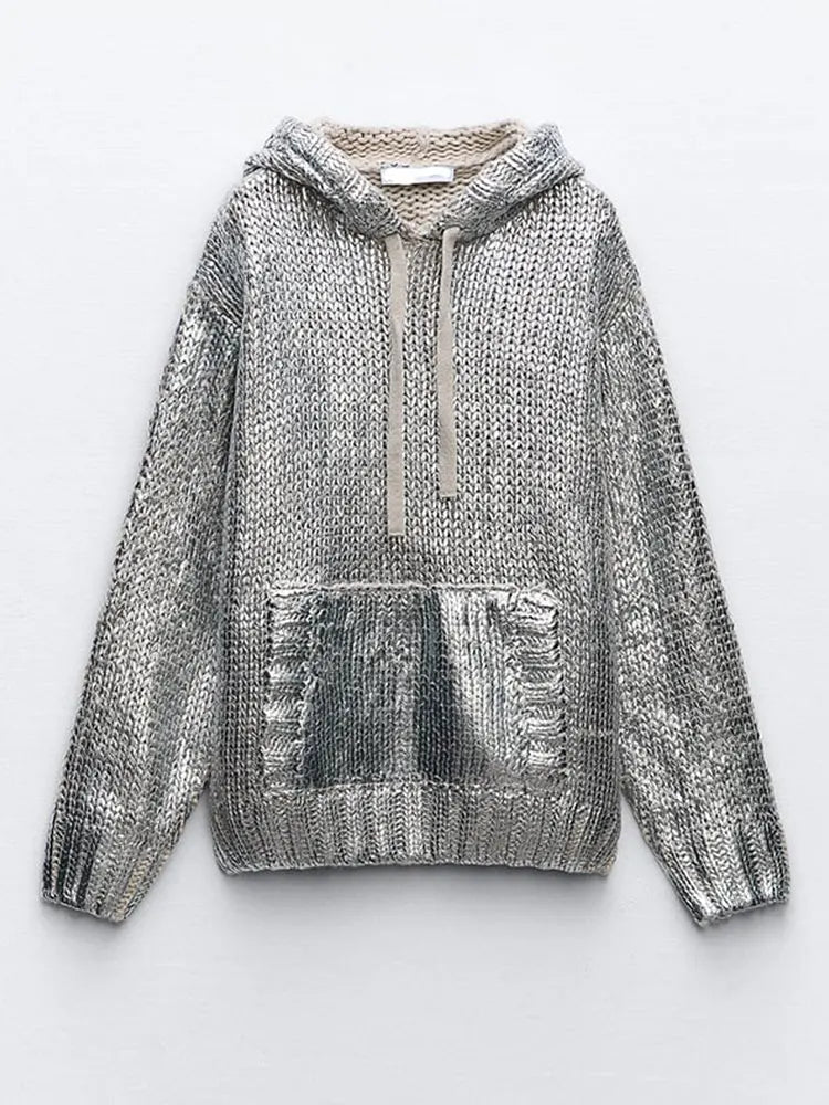 Metallic Rib Trim Foil Hooded Sweater