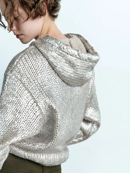 Metallic Rib Trim Foil Hooded Sweater