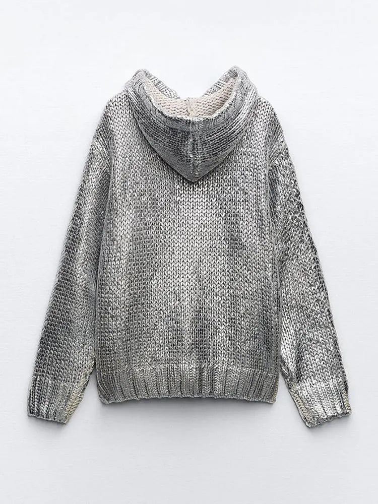 Metallic Rib Trim Foil Hooded Sweater