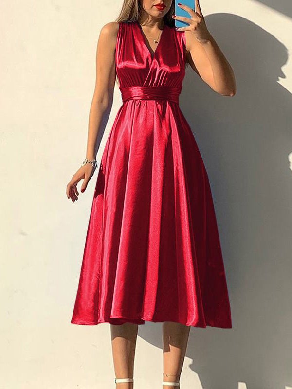 Plain Belted V-neck Bare Back Dress