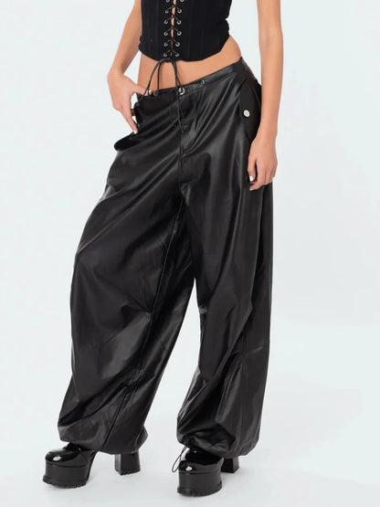 Black Pu Leather Cargo Baggy Low Waist Drawstring Button Long Pants