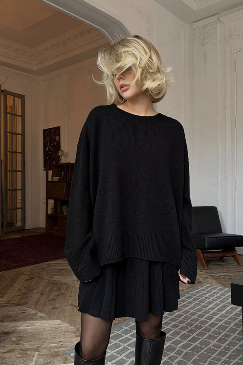 Color Pullover Round Neck Sweater & Pleated Skirt Set