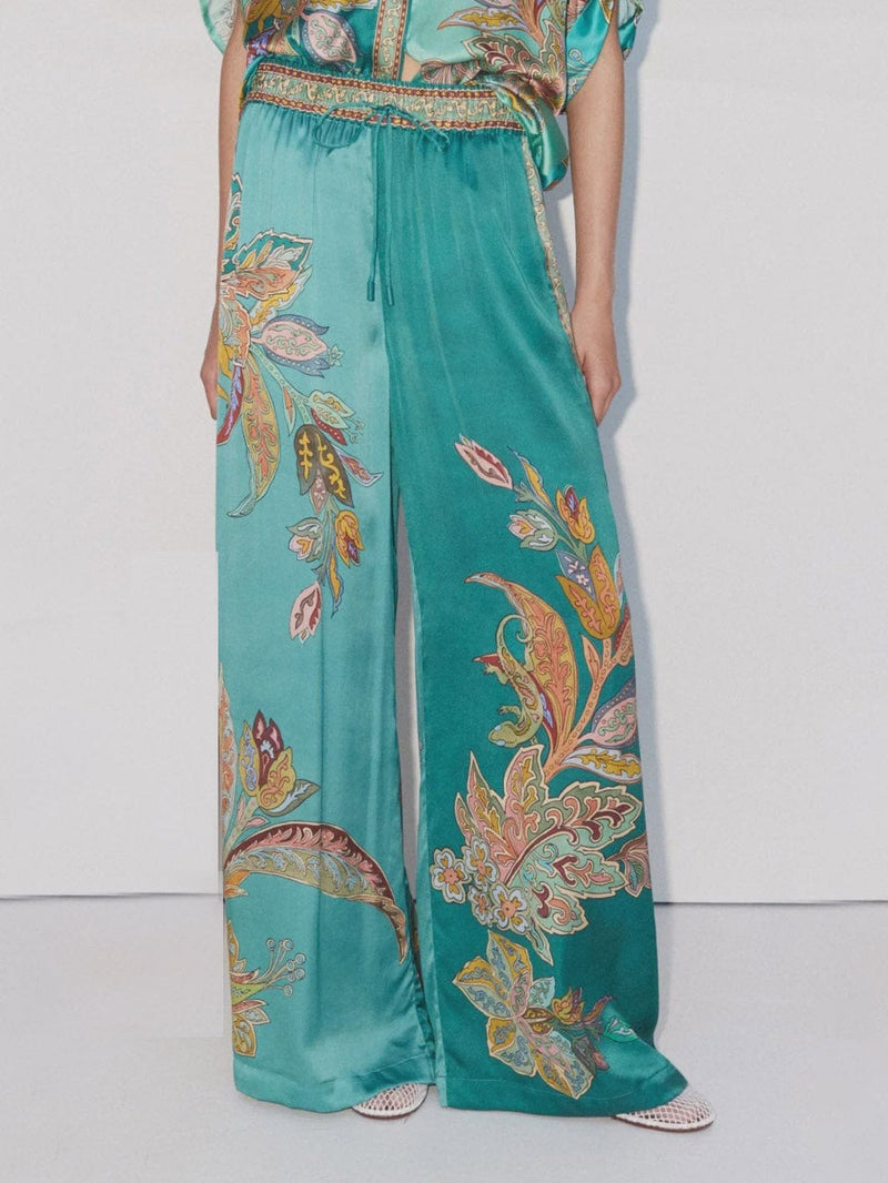 Exquisite Satin Unique Plant Flower Print Loose Wide-leg Pants