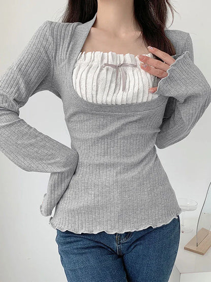 Y2k Lace Patchwork Fake Two Piece T-shirt Flare Long Sleeve Tops Spring Kawaii Clothes Korean Shirt