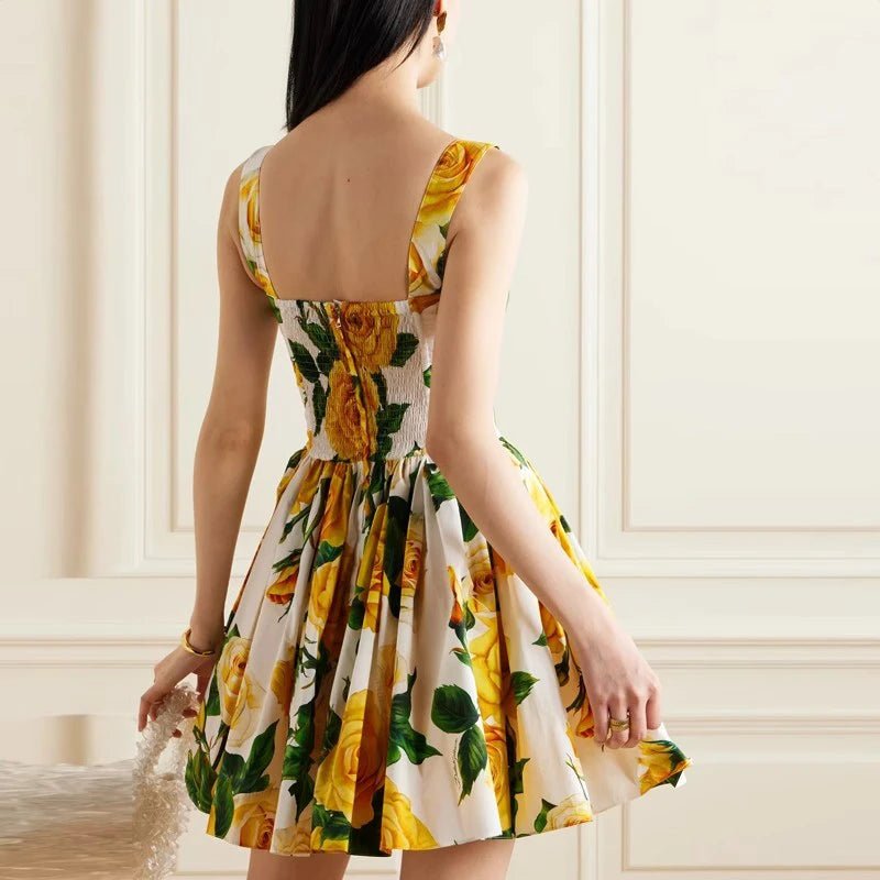 Yellow Rose Print Mini Dress