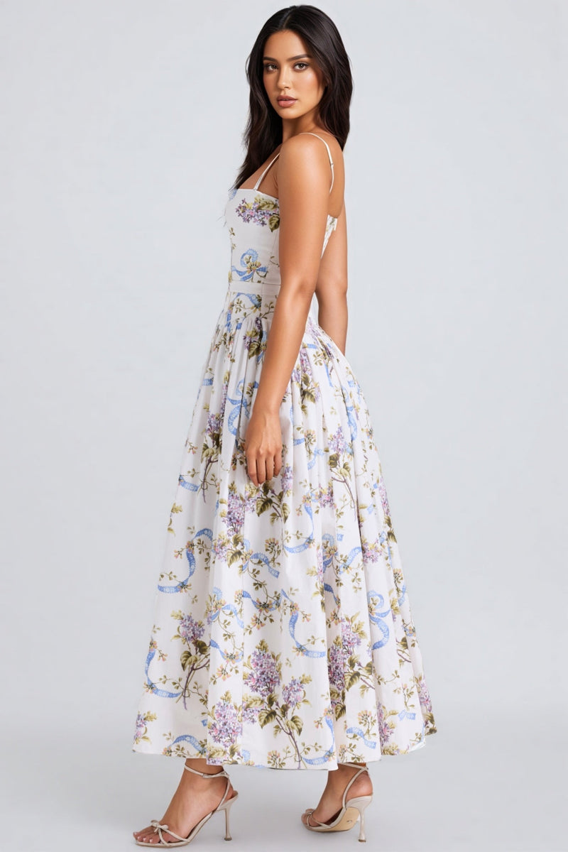 Zechariah White Ribbon Print Cotton Midi Dress